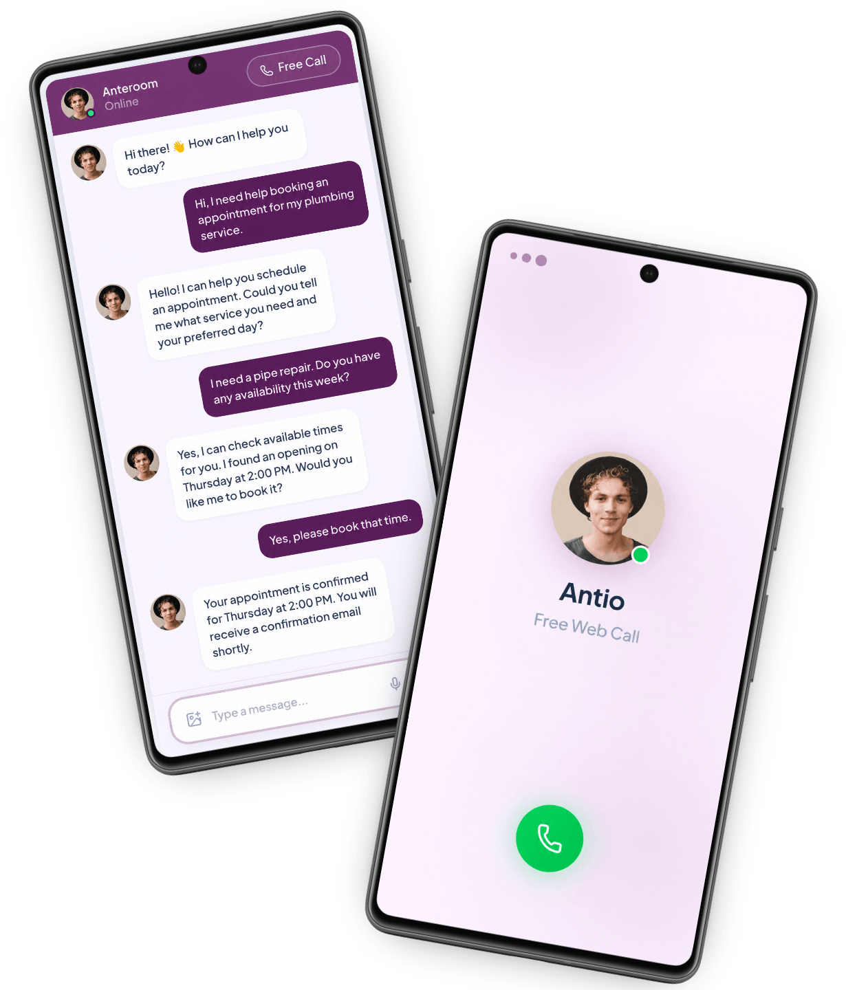 The ComoCalls assistant answering a customer's questions in chat and taking a free web call